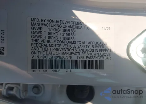 2022 Honda Civic Sport z USA, uszkodzony, nr VIN 19XFL2H89NE007079